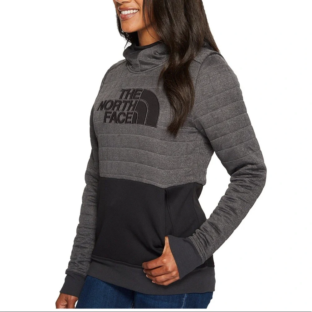 The North Face Quilted Half Dome Shiny Gray & Black Cowl Funnel Hoodie Like New - Picture 1 of 3
